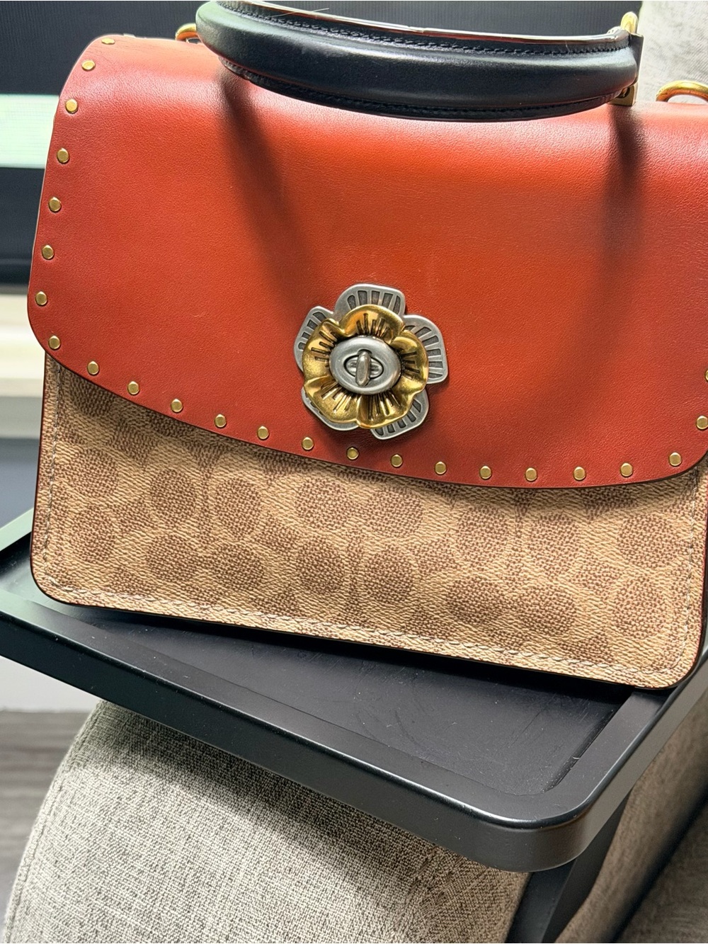 Coach Parker Top Handle in Signature Canvas with Rivets Tan/Black 53349